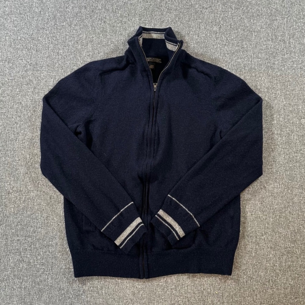 Banana‎ Republic Mens Merino Wool Full Zip Sweater Navy Blue Mock Neck Medium